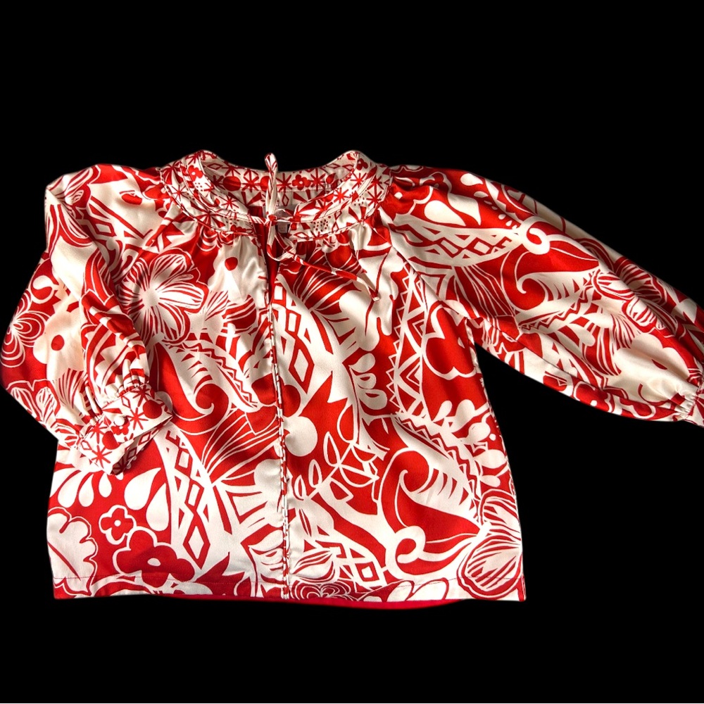 Ciebon Burnt Orange Ivory Mod Graphic Print Tie Neck Blouse Tunic Puff Sleeve